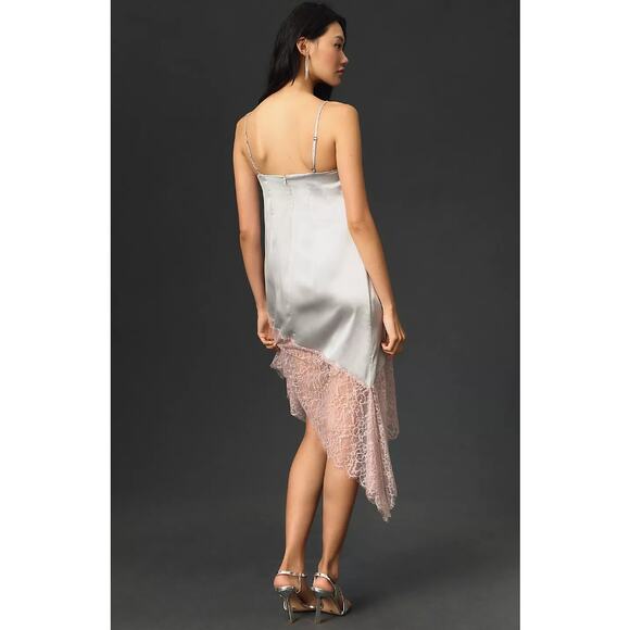 Anthropologie Asymmetrical Hem Lace Trim Silky Cami Midi Dress Silver Argent - Picture 3 of 14